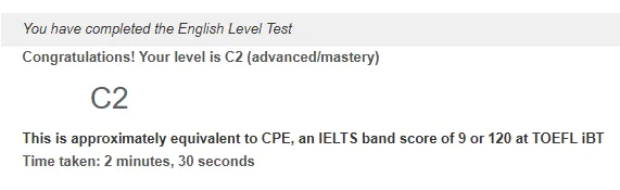 English level test result: C2, advanced/mastery